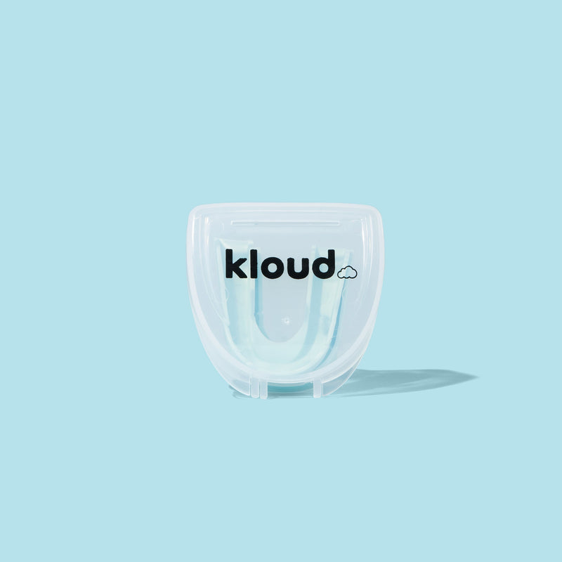Close up photo of the Kloud teeth whitening tray and storage case.