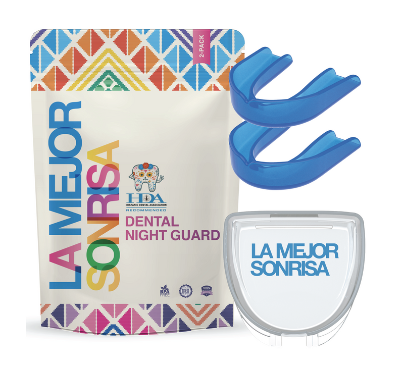 Each La Mejor Sonrisa Dental Night Guard 2 pack comes with dental night guards and storage case.