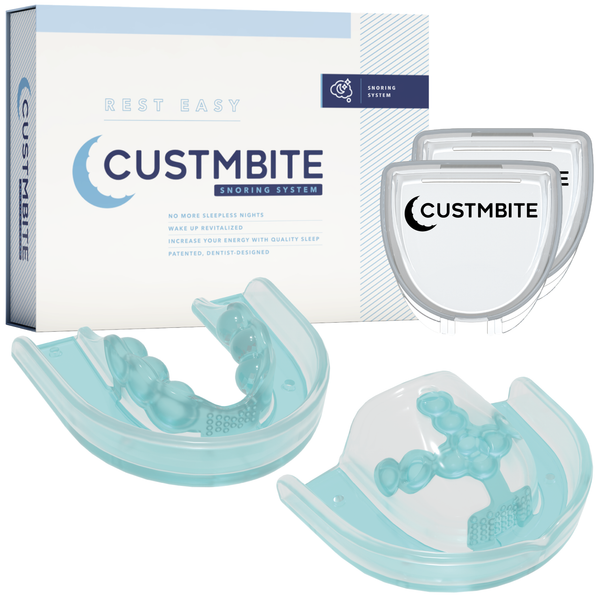 Image of the two-piece CustMbite Snoring System, storage cases and packaging.