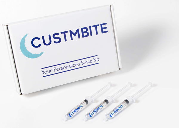 CustMbite whitening gel 3-pack (box and product).